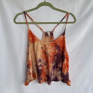 RAGA Anthropologie Womens Cropped Tank Top Boho Tye Die Embroidered Beaded M